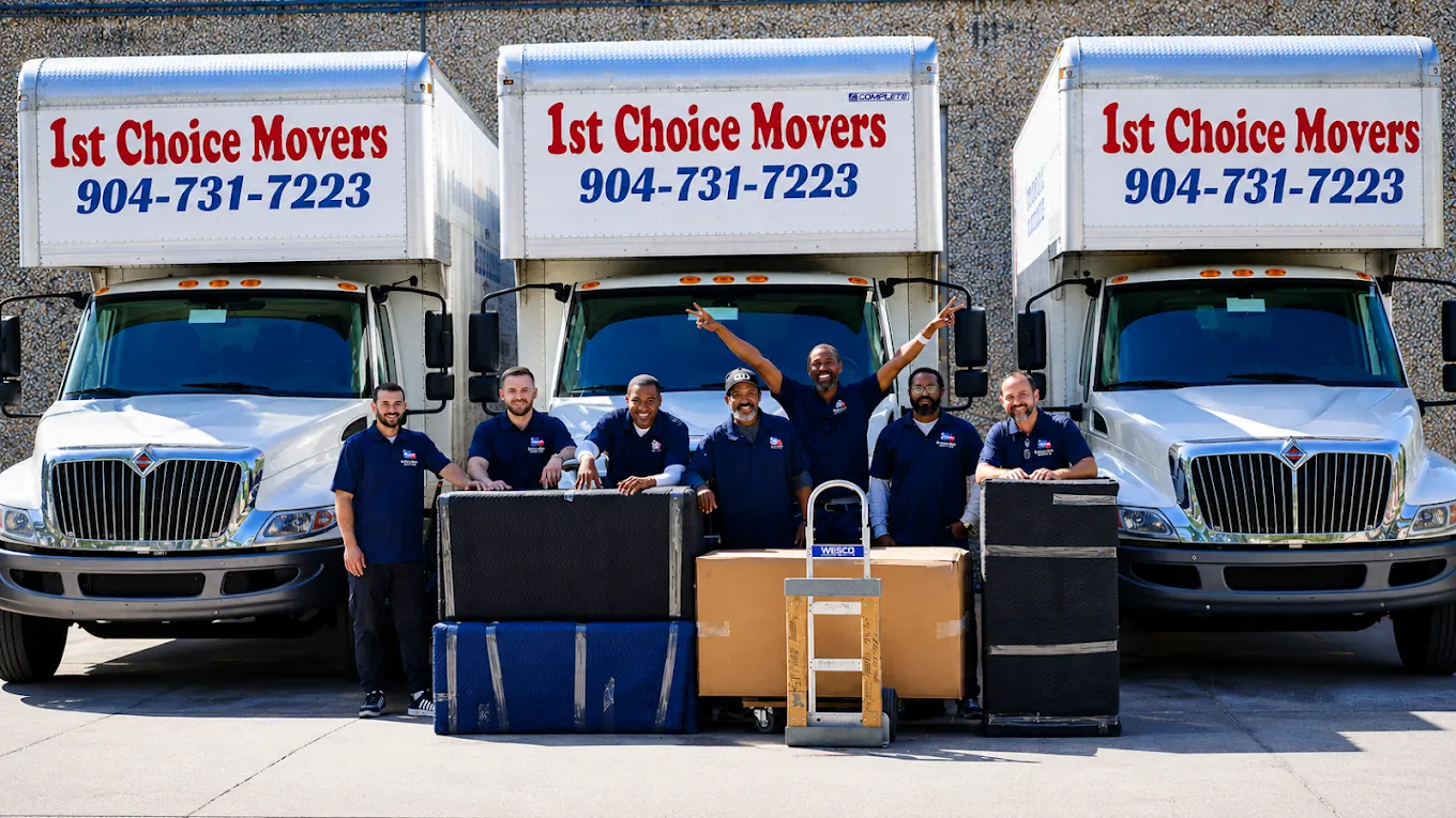 The 1st Choice Movers crew standing with moving equipment in front of three branded trucks